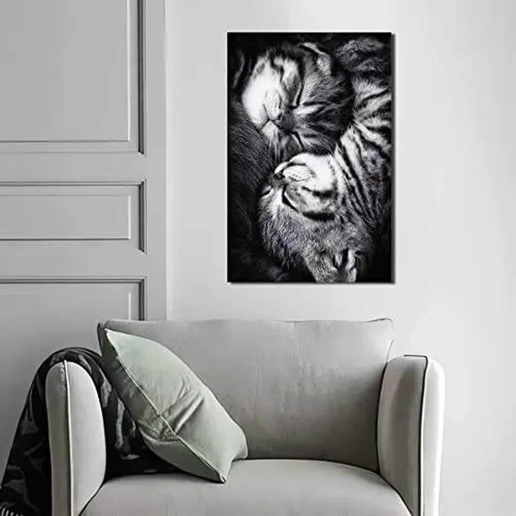 ALAYRA Two Little Lazy Cats Poster, Cute Cat Decor, Black & White Art, Warm Healing Pet Canvas Painting Modern Home Wall Living Room Bedroom Kids Room Poster 12x18 Inch (Unframed) 01 - Image 4