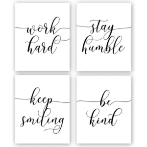 ALAYRA Unframed Inspirational Quote Art Painting, Work Hard, Be Kind, Stay Humble, Keep Smiling Art Print Set of 4 (12X16 Motivational Phrases Wall Art for Office or Living Room Home Wall Decor 01