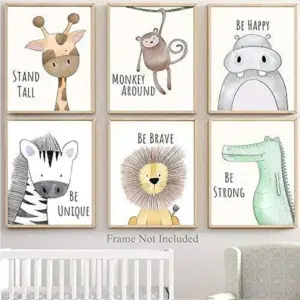 ALAYRA Unframed Woodland Animals Art Print Adorable Giraffe Monkey Lion Zebra Dinosaur Paintings, Set of 6(8"x10") Canvas Cartoon Inspirational Wall Art for Kids Room Nursery Dcor 01