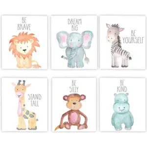 ALAYRA Unframed Woodland Animals Art Print Adorable Lion Elephant Giraffe Monkey Zebra Hippo Paintings, Set of 6(21cm x 30cm) Canvas Cartoon Inspirational Wall Art for Kids Room Nursery Decor (Type C)
