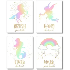 ALAYRA Unicorn Rainbow Fairy Mermaid Kids Bathroom Wall Decor Art Prints - (UNFRAMED 8 x 10) - Washroom, Powder Room, Bathroom (Bathroom Friends) 01