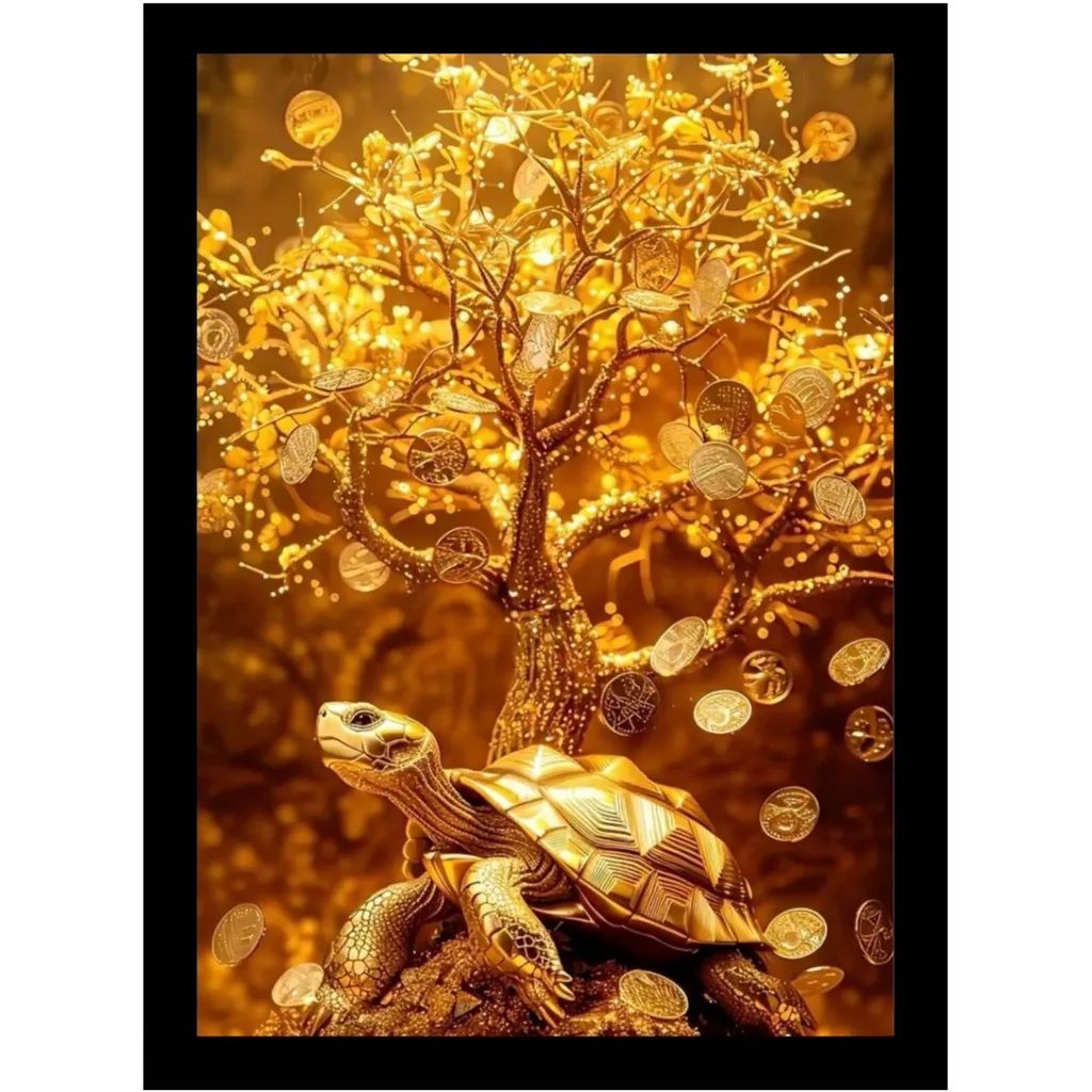 ALAYRA Vastu Money Tree Painting, Golden Tree Wall Art in A4 Wooden Frame, Good Luck & Prosperity Home Decor, 8 x 12 Inch 01