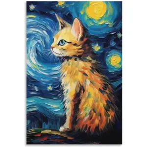 ALAYRA Vendhui Famous Canvas Print Funny Mona Lisa Cat Lover Painting Girl with A Pearl Earring Wall Art Starry Night Artwork Picture for Bedroom Decor (03-starry night, 16x24inch-Unframe) 01