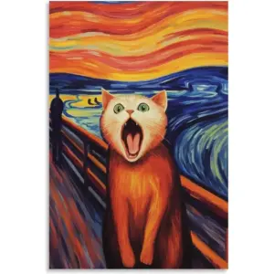 ALAYRA Vendhui Famous Canvas Print Funny Mona Lisa Cat Lover Painting Girl with A Pearl Earring Wall Art Starry Night Artwork Picture for Bedroom Decor (06-shouting, 16x24inch-Unframe) 01