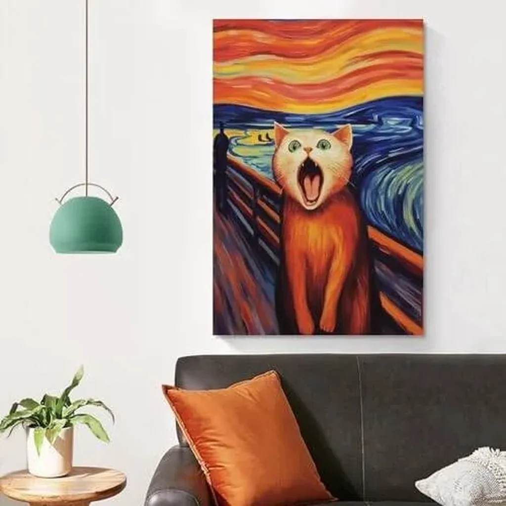 ALAYRA Vendhui Famous Canvas Print Funny Mona Lisa Cat Lover Painting Girl with A Pearl Earring Wall Art Starry Night Artwork Picture for Bedroom Decor (06-shouting, 16x24inch-Unframe) 01 - Image 2
