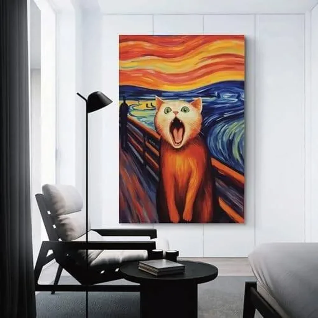ALAYRA Vendhui Famous Canvas Print Funny Mona Lisa Cat Lover Painting Girl with A Pearl Earring Wall Art Starry Night Artwork Picture for Bedroom Decor (06-shouting, 16x24inch-Unframe) 01 - Image 5