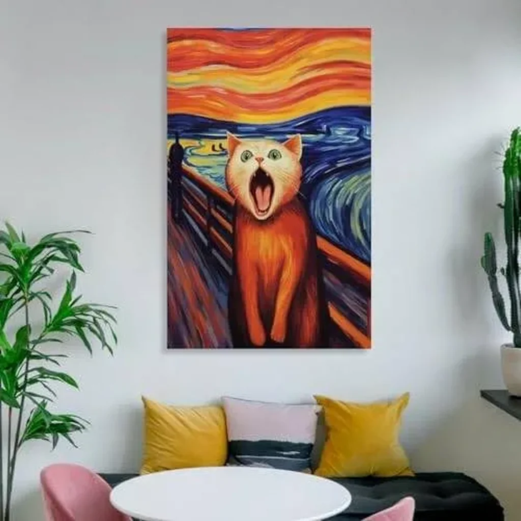 ALAYRA Vendhui Famous Canvas Print Funny Mona Lisa Cat Lover Painting Girl with A Pearl Earring Wall Art Starry Night Artwork Picture for Bedroom Decor (06-shouting, 16x24inch-Unframe) 01 - Image 6