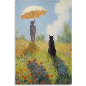 ALAYRA Vendhui Famous Canvas Print Funny Mona Lisa Cat Lover Painting Girl with A Pearl Earring Wall Art Starry Night Artwork Picture for Bedroom Decor (07-with parasol, 16x24inch-Unframe) 01