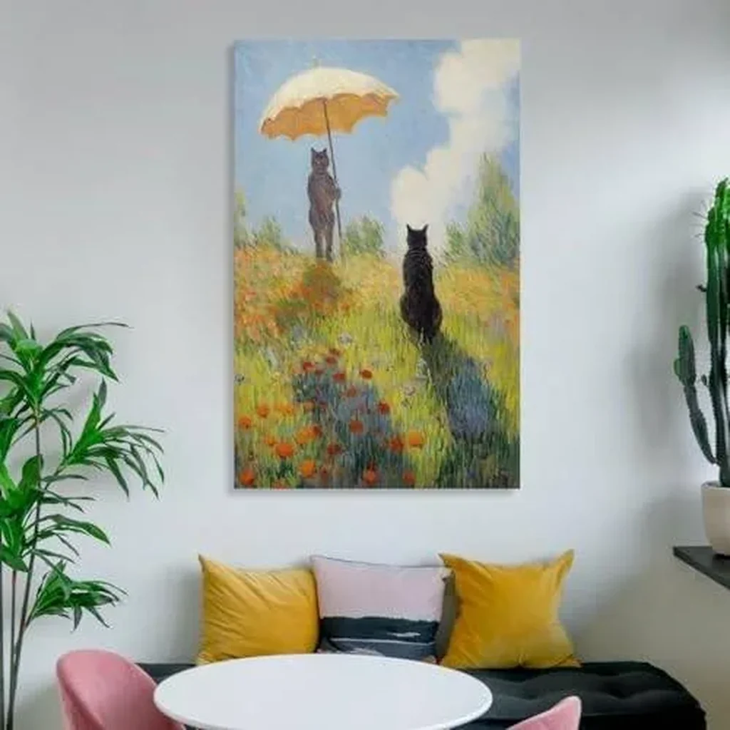 ALAYRA Vendhui Famous Canvas Print Funny Mona Lisa Cat Lover Painting Girl with A Pearl Earring Wall Art Starry Night Artwork Picture for Bedroom Decor (07-with parasol, 16x24inch-Unframe) 01 - Image 2
