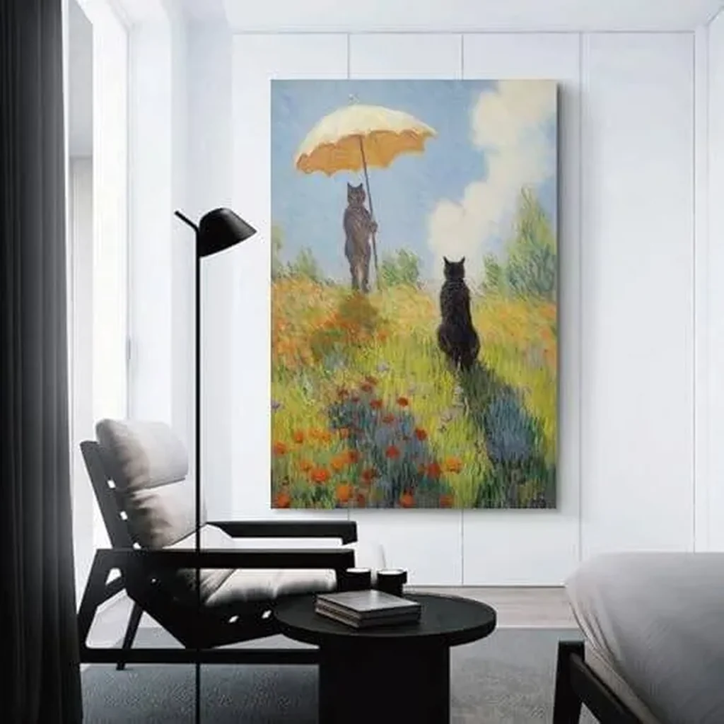 ALAYRA Vendhui Famous Canvas Print Funny Mona Lisa Cat Lover Painting Girl with A Pearl Earring Wall Art Starry Night Artwork Picture for Bedroom Decor (07-with parasol, 16x24inch-Unframe) 01 - Image 3