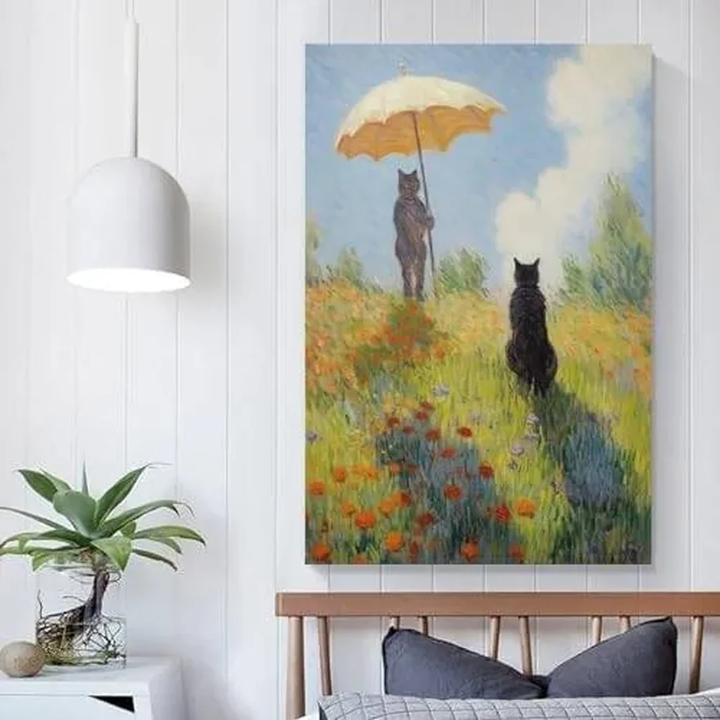 ALAYRA Vendhui Famous Canvas Print Funny Mona Lisa Cat Lover Painting Girl with A Pearl Earring Wall Art Starry Night Artwork Picture for Bedroom Decor (07-with parasol, 16x24inch-Unframe) 01 - Image 4