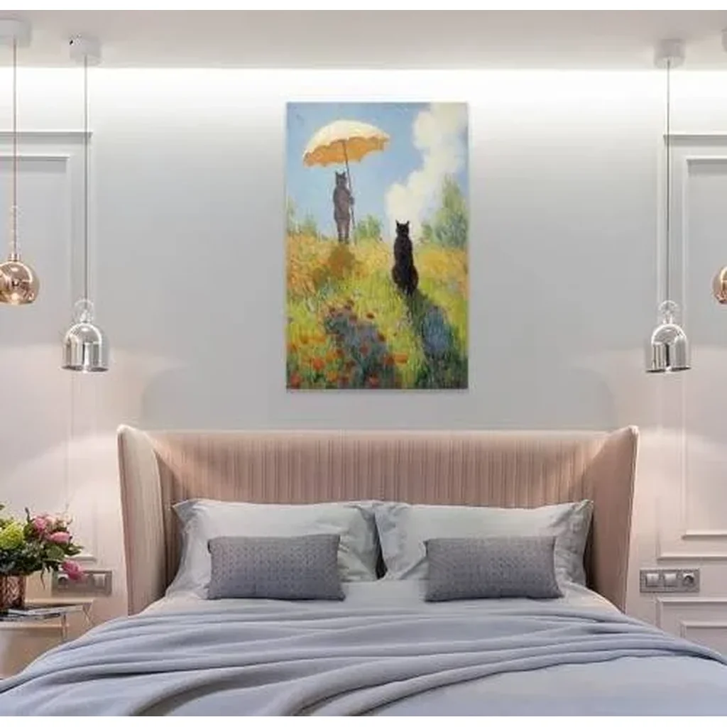 ALAYRA Vendhui Famous Canvas Print Funny Mona Lisa Cat Lover Painting Girl with A Pearl Earring Wall Art Starry Night Artwork Picture for Bedroom Decor (07-with parasol, 16x24inch-Unframe) 01 - Image 5