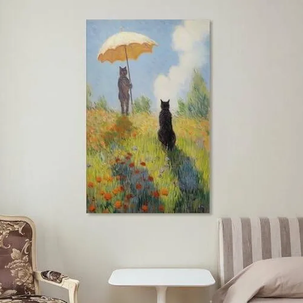 ALAYRA Vendhui Famous Canvas Print Funny Mona Lisa Cat Lover Painting Girl with A Pearl Earring Wall Art Starry Night Artwork Picture for Bedroom Decor (07-with parasol, 16x24inch-Unframe) 01 - Image 6