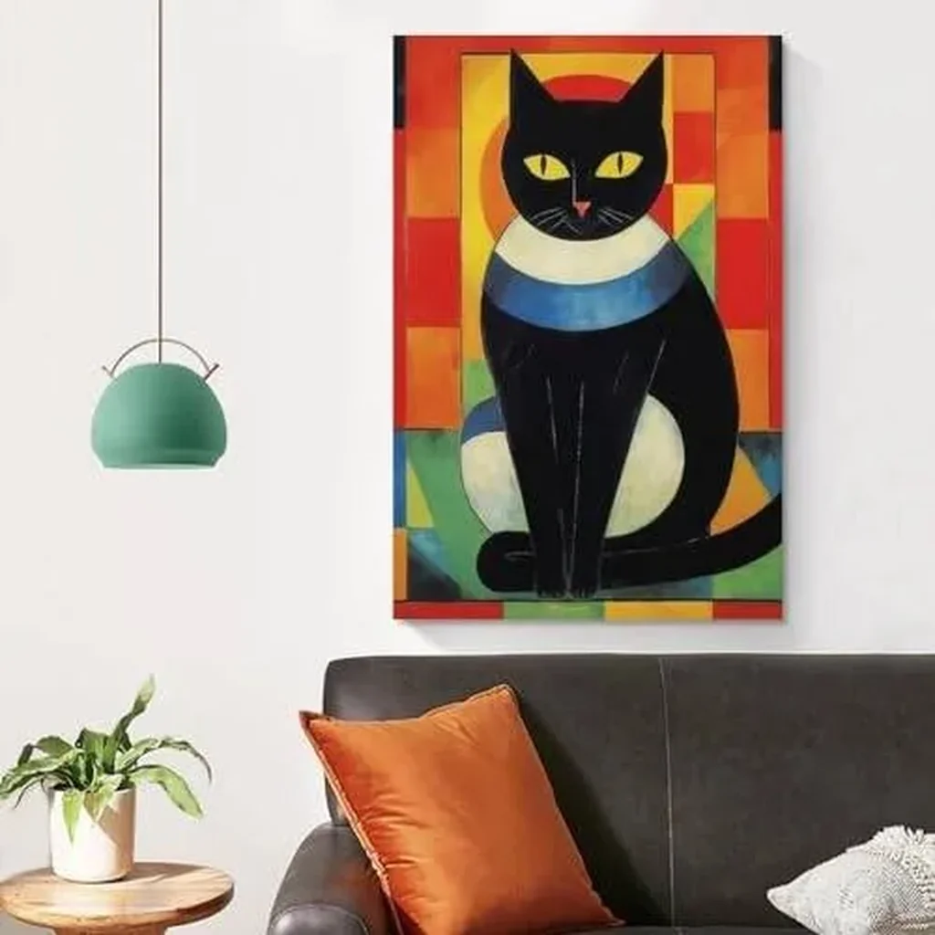 ALAYRA Vendhui Famous Canvas Print Funny Mona Lisa Cat Lover Painting Girl with A Pearl Earring Wall Art Starry Night Artwork Picture for Bedroom Decor (08-black cat, 16x24inch-Unframe) 01 - Image 3