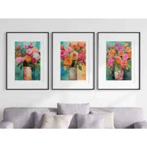 ALAYRA Vibrant Bouquets Set of 3 Unframed Wall Poster Prints, Beautiful Flower Painting Textures, Bathroom Bedroom Lounge Kitchen Office Home Dcor, Bright Flowers Roses Peonies, Pink Orange Blue (A4)