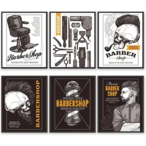 ALAYRA Vintage Barber Shop Poster Decor, Barbershop Haircut Posters, Barbershop Wall Art Prints, Cool Skull Haircut Shave Prints, Barber Shop Decoration for Men Hair Salon Wall Decor (8"x10" UNFRAMED)