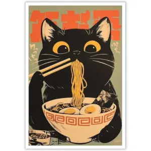 ALAYRA Vintage Black Cat Eat Tasty Noodle Posters Japanese Cute Cats Canvas Wall Art Period Ramen Cat Lovers Prints Painting For Kitchen Home Bedroom Dorm Wall Decor 8x12in Unframed 01