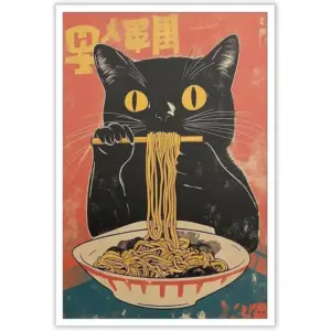 ALAYRA Vintage Black Cat Eating Ramen Posters Tokyo Ukiyoe Cute Cats Canvas Wall Art Japanese Noodle Quirky Cat Illustration Prints Painting For Home Bedroom Dorm Wall Decor 8x12in Unframed 01