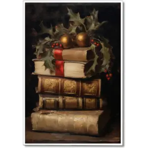 ALAYRA Vintage Christmas Canvas Wall Art, Rustic Books Art Still Life Pictures for Wall, Merry Christmas Poster Winter Print, Xmas Dark Academia Decor Wall Decorations Gifts 16x24in Unframed 01