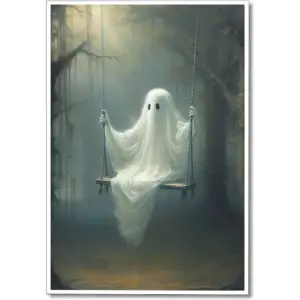 ALAYRA Vintage Cute Ghost Canvas Wall Art, Funny Ghost on A Swing in The Forest Aesthetic Poster, Gothic Dark Academia Wall Decor, Creepy Spooky Abandoned Art Halloween Pictures 12x16in Unframed 01