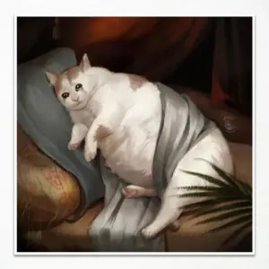 ALAYRA Vintage Fat Cat Canvas Wall Art, Cute Cat Crying In Sofa Poster for Room Aesthetic, Animal Floral Pictures, Funny Renaissance Square Painting Prints for Wall Decor 12x12in Unframed 01