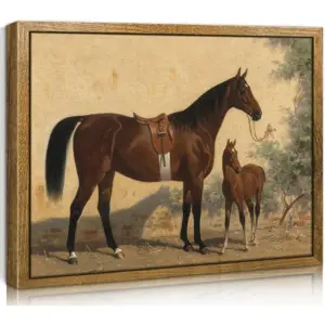 ALAYRA Vintage Framed Canvas Wall Art, 12x16in Foal Family Wall Decor, A Bay Horse with Foal Oil Painting, Rustic Home Art Prints for Living Room, Bedroom, Bathroom, Farmhouse 01