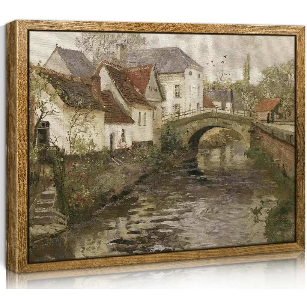 ALAYRA Vintage Framed Canvas Wall Art, 8x10in Classical Country Scenery Wall Decor, Small Town Near La Panne Oil Painting, Retro Landscape Art Prints for Living Room, Bedroom, Bathroom, Farmhouse 01