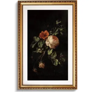ALAYRA Vintage Gold Framed Large Wall Art, 20x30 inch Floral Rose Retro Picture Paintings, Antique Canvas Artwork, Victorian Frame Wall Decor for Living Room Bedroom 01