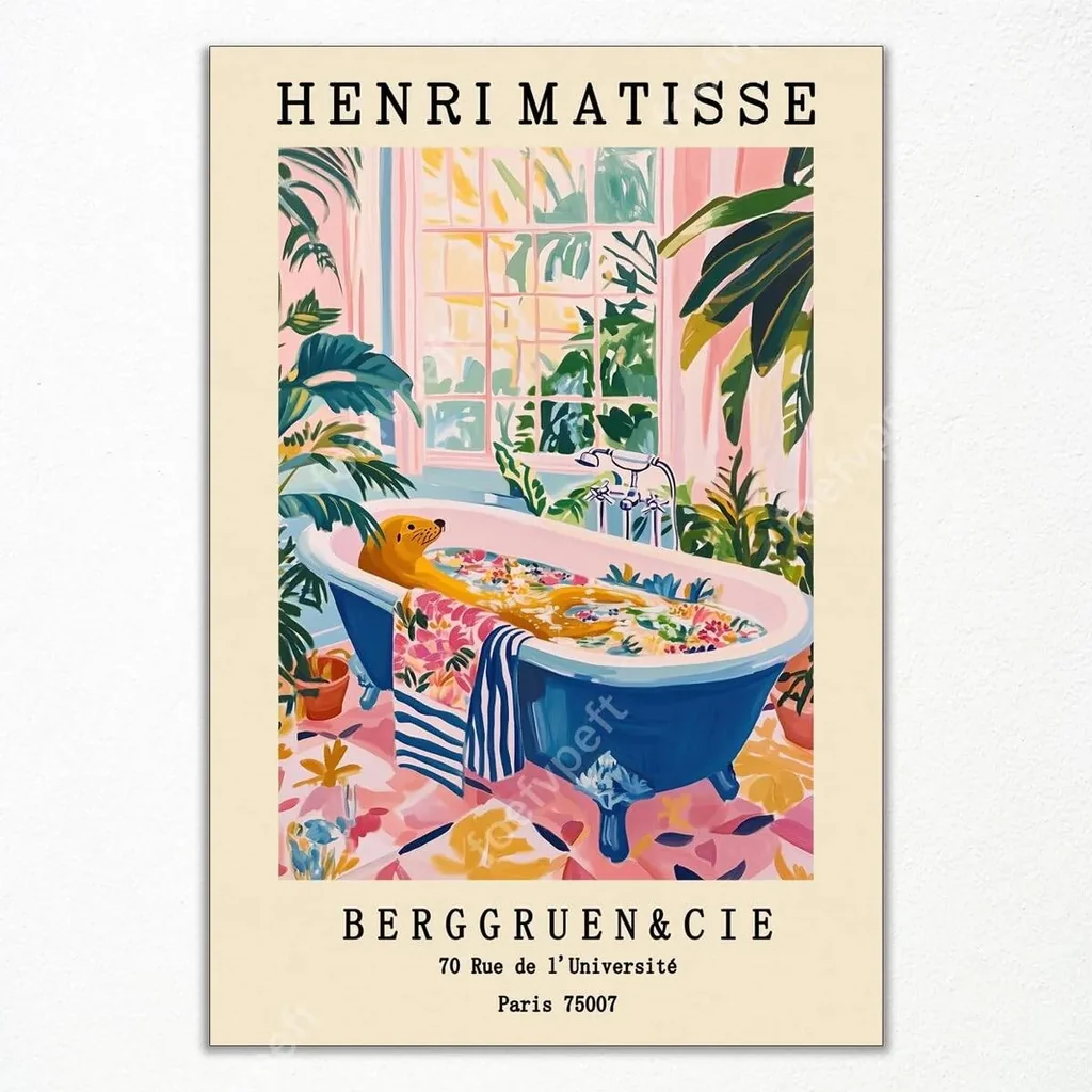 ALAYRA Vintage Henri Matisse Canvas Wall Art, Funny Animal Bathroom Poster, Cute Seal In Bathtub Funny Print, Pink Dopamine Bathroom Wall Decor, Tropical Botanical and Flowers Picture 8x12in Unframed