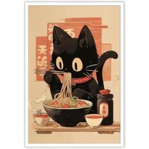 ALAYRA Vintage Japanese Black Cat Eat Noodle Posters Tokyo Ukiyoe Cute Cats Canvas Wall Art Period Ramen Noodles Prints Painting For Kitchen Home Bedroom Dorm Wall Decor 8x12in Unframed 01