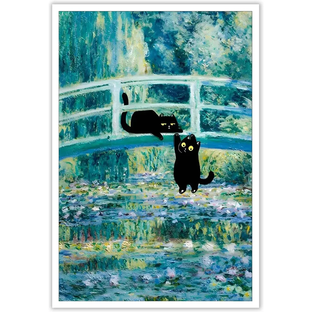 ALAYRA Vintage Monet Cat Poster Funny Black Cat Bridge of Waterlilies Canvas Wall Art Famous Oil Paintings Monet Black Cat Poster Gallery Aesthetic Room Decor for Bedroom Bathroom 12x16in Unframed 01 - Image 5