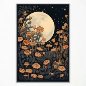 ALAYRA Vintage Moon Flowers Canvas Wall Art, Retro Mystical Celestial Moon Poster, Rustic Yellow Wildflower Field Print, Cottagecore Ethereal Moonlight with Botanical Floral Wall Decor 12x16in Unframe