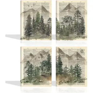 ALAYRA Vintage Mountain Themed Dictionary Wall Art Prints (Set of 4pcs, 12x16 inches, Frame Included), Natural Mountain Tree Canvas Poster, Landscape Upcycled Dictionary Artwork for Home Office 01