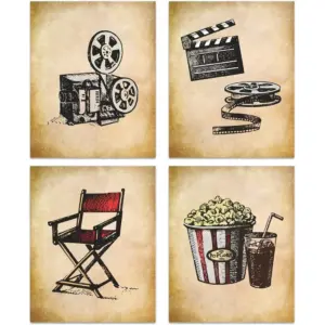 ALAYRA Vintage Movie Theater Wall Art, Home Theatre Feature Canvas Decor, Classic Film Reel Cinema Popcorn Posters, Retro Home Movie Theater Media Room Bar Pub House Decoration, Set of 4-(8"x10" Unfra
