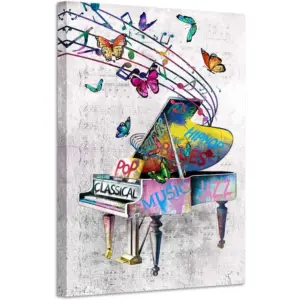 ALAYRA Vintage Music Wall Art Retro Piano Painting Art Print on Canvas Graffiti Pop Art Music Notes and Butterfly Poster with Inner Wood Frame for Classroom Living Room Bedroom Decoration 24x36inch 01