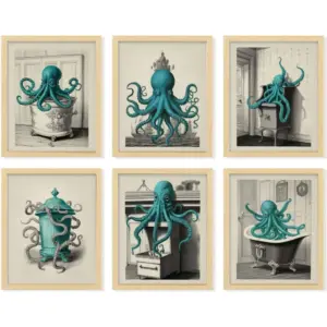 ALAYRA Vintage Octopus Decor - Octopus Bathroom Decor, Nautical Octopus Wall Art, Octopus Posters, Sea Monster Artwork Pictures for Home Decoration (8x10 UNFRAMED) 01