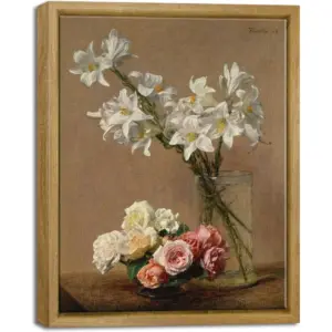 ALAYRA Vintage Retro Framed Wall Art Home Decor Roses and Lilies Canvas Prints Classical Floral Painting Vintage Wall Decor for Laundry Room Farm House Decor 01