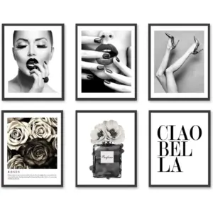 ALAYRA Wall Art Balck and White Wall Decor Perfume Elegant Lady High Heels Posters Canvas Prints for Women Room Bedroom Bathroom Decor Set of 6 Unframed 11x14in 01
