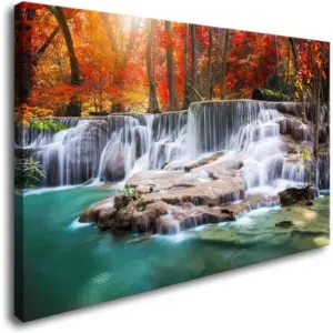 ALAYRA Wall Art Canvas Painting Red Forest Waterfalls 1 Piece Modern Landscape Tree Picture Poster Print Framed and Stretched Ready to Hang for Living Room Bedroom Kitchen Office Home Decor 01