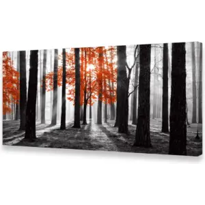 ALAYRA Wall Art Canvas Painting Red Tree in Black and White Sunshine Foggy Forest Picture Poster Print Framed and Stretched Ready to Hang for Living Room Bedroom Office Home Decor 01