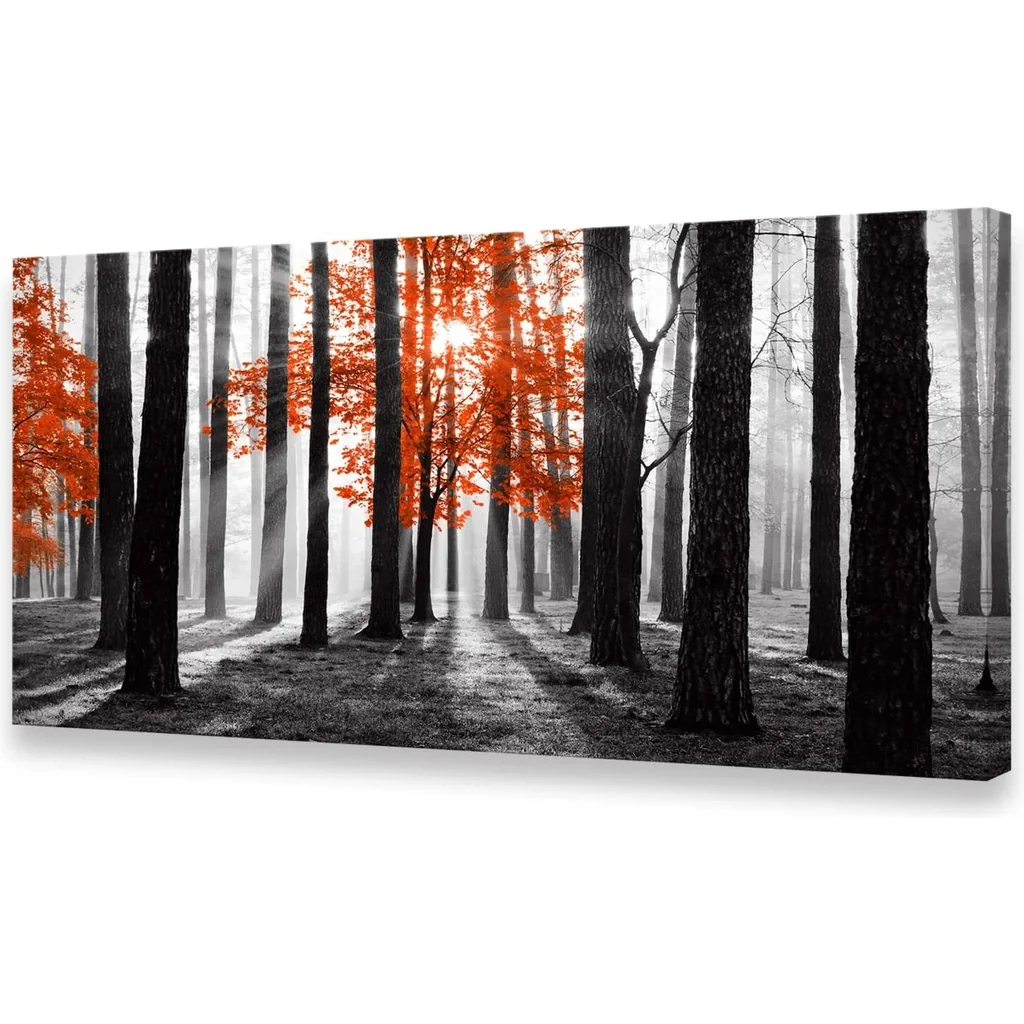ALAYRA Wall Art Canvas Painting Red Tree in Black and White Sunshine Foggy Forest Picture Poster Print Framed and Stretched Ready to Hang for Living Room Bedroom Office Home Decor 01