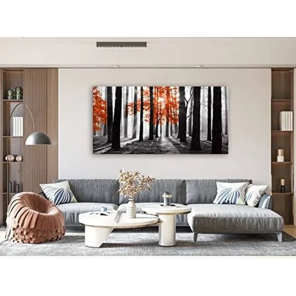 ALAYRA Wall Art Canvas Painting Red Tree in Black and White Sunshine Foggy Forest Picture Poster Print Framed and Stretched Ready to Hang for Living Room Bedroom Office Home Decor 01 - Image 3