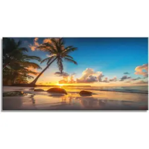 ALAYRA Wall Art Canvas Painting Sunset on a Tropical Beach with Palm Trees 1 Piece Blue Sky Ocean Seaview Picture Poster Print Framed and Stretched Ready to Hang for Living Room Bedroom Office 01