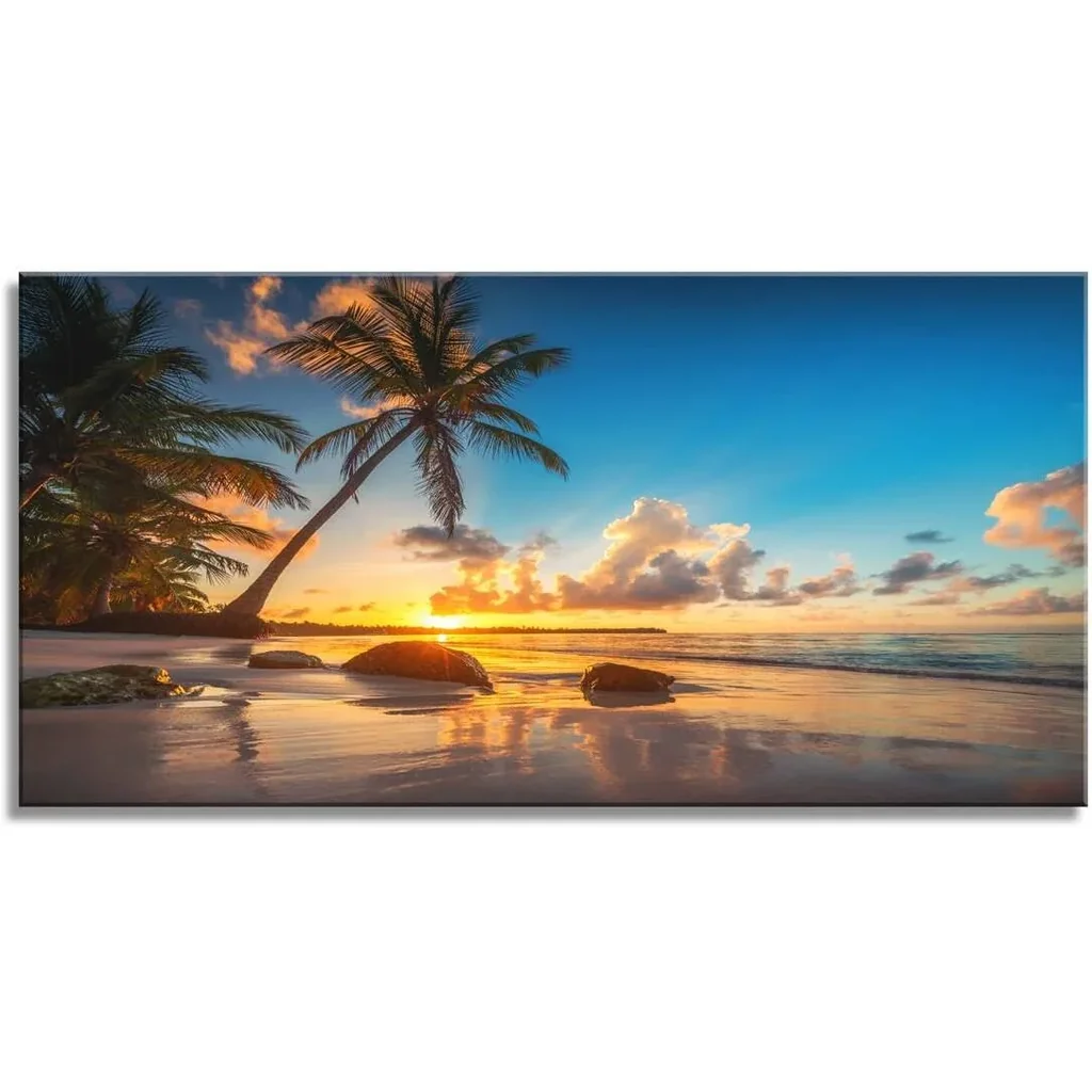 ALAYRA Wall Art Canvas Painting Sunset on a Tropical Beach with Palm Trees 1 Piece Blue Sky Ocean Seaview Picture Poster Print Framed and Stretched Ready to Hang for Living Room Bedroom Office 01