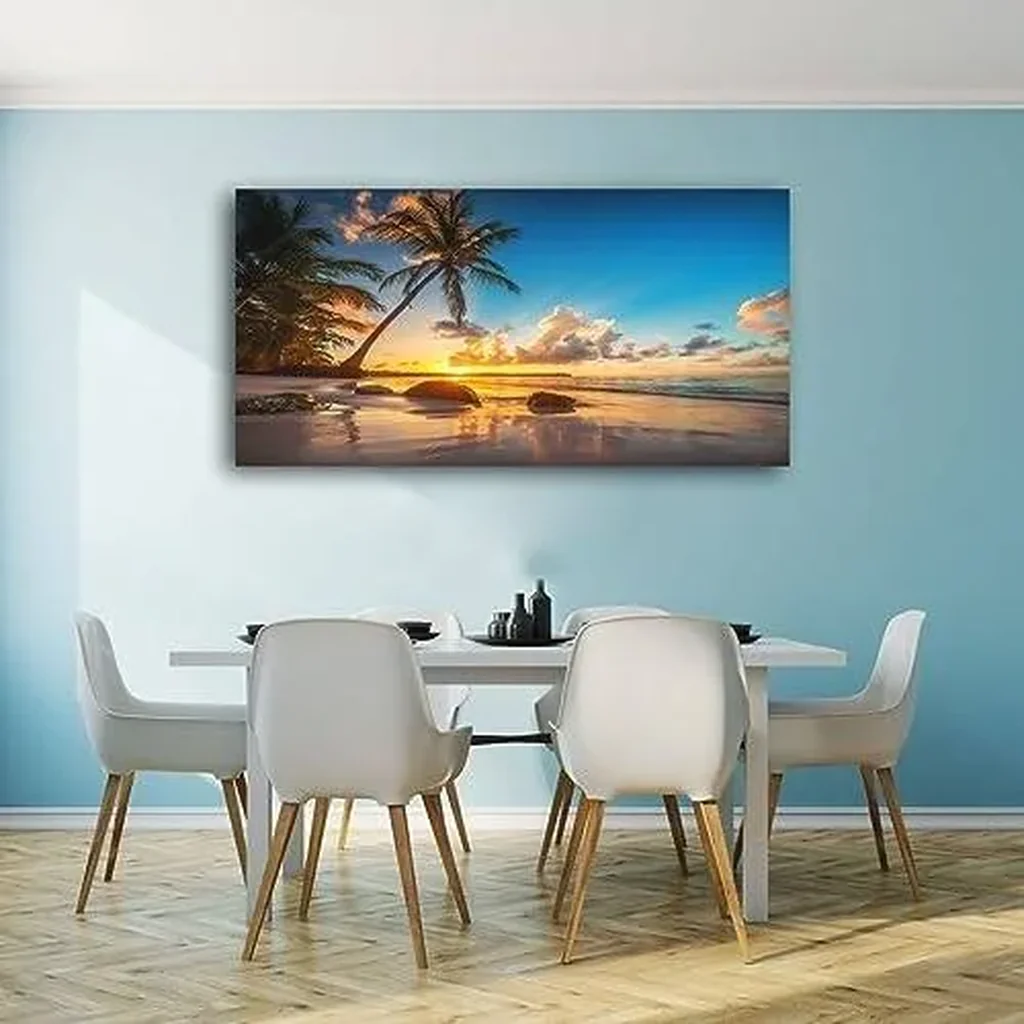 ALAYRA Wall Art Canvas Painting Sunset on a Tropical Beach with Palm Trees 1 Piece Blue Sky Ocean Seaview Picture Poster Print Framed and Stretched Ready to Hang for Living Room Bedroom Office 01 - Image 2