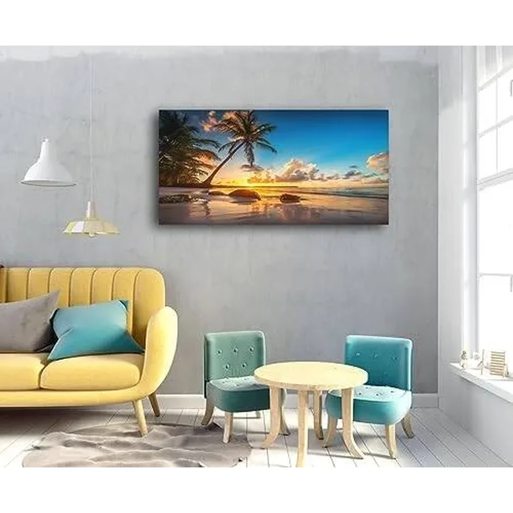ALAYRA Wall Art Canvas Painting Sunset on a Tropical Beach with Palm Trees 1 Piece Blue Sky Ocean Seaview Picture Poster Print Framed and Stretched Ready to Hang for Living Room Bedroom Office 01 - Image 3