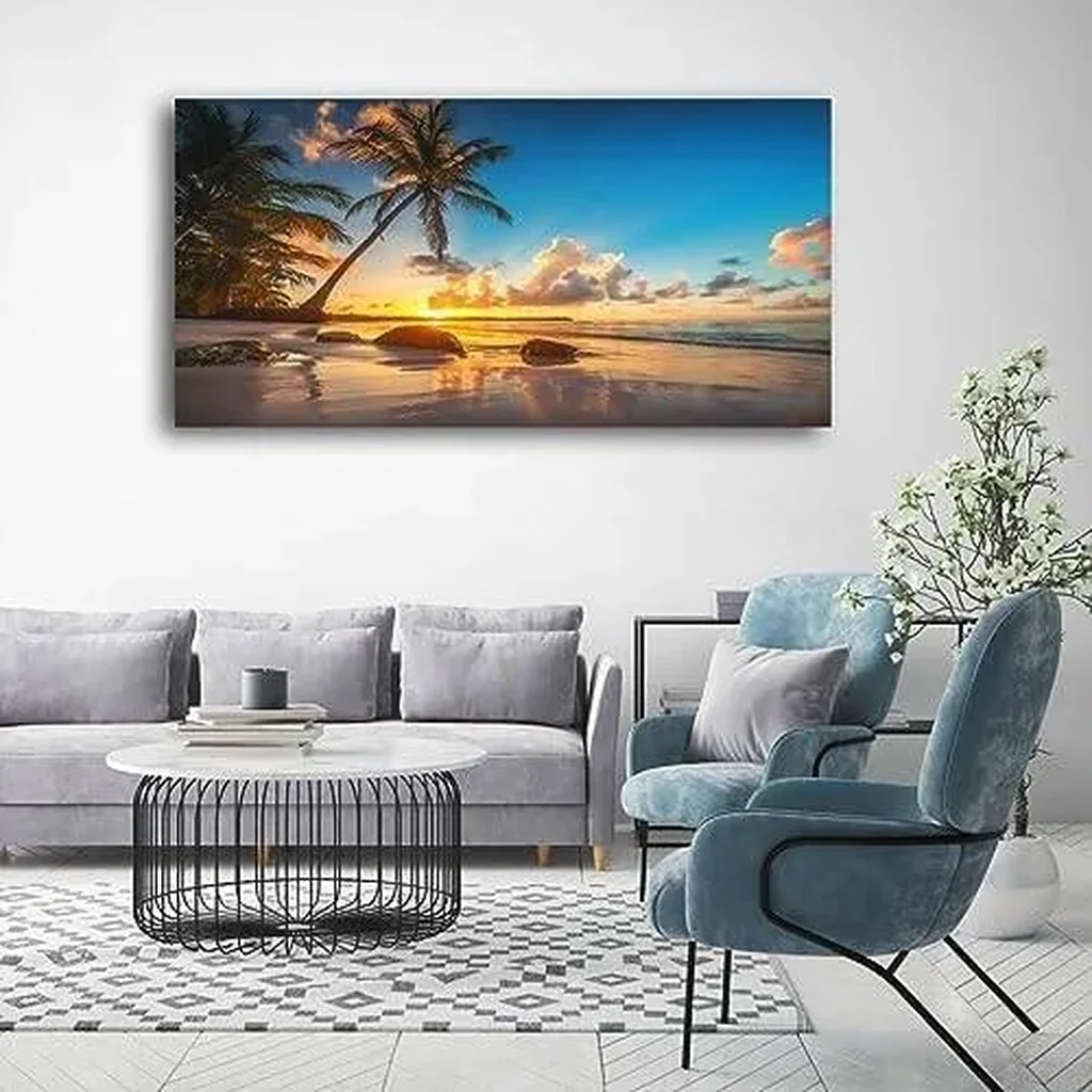 ALAYRA Wall Art Canvas Painting Sunset on a Tropical Beach with Palm Trees 1 Piece Blue Sky Ocean Seaview Picture Poster Print Framed and Stretched Ready to Hang for Living Room Bedroom Office 01 - Image 4