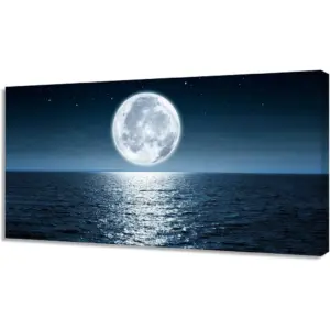 ALAYRA Wall Art Canvas Print Moon Sea Ocean Landscape 1 Panels Full moon Picture Painting Framed and Stretched Ready to Hang for Living Room Bedroom Kicthen Office Home Decor Artwork 30x60inch 01