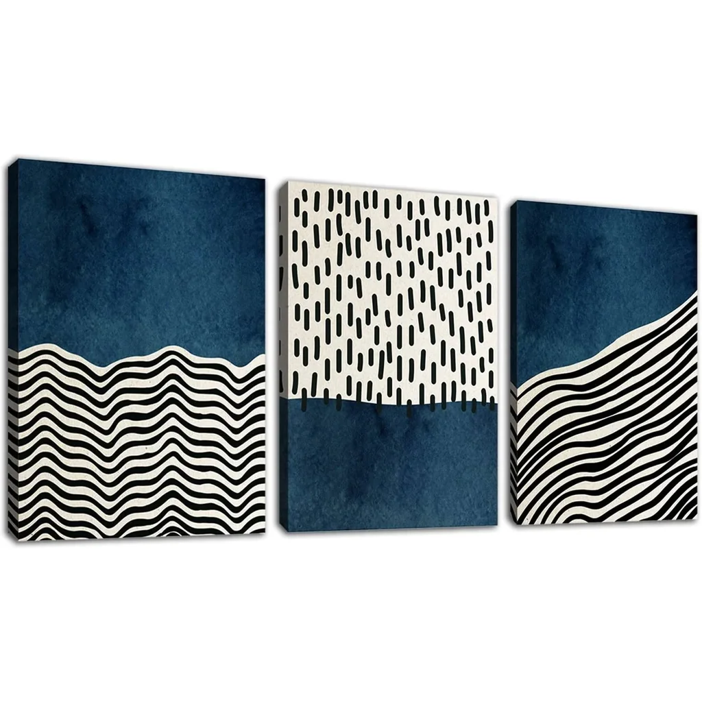 ALAYRA Wall Art Canvas Set Mid Century Boho Picture Modern Abstract Geometric Lines Wall Decor Minimalist Black Indigo Canvas Painting Artwork Living Room Bedroom Home Office 12"x16"x3 01