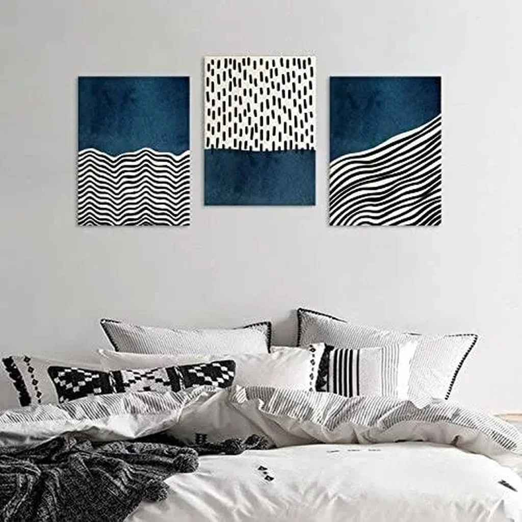 ALAYRA Wall Art Canvas Set Mid Century Boho Picture Modern Abstract Geometric Lines Wall Decor Minimalist Black Indigo Canvas Painting Artwork Living Room Bedroom Home Office 12"x16"x3 01 - Image 2